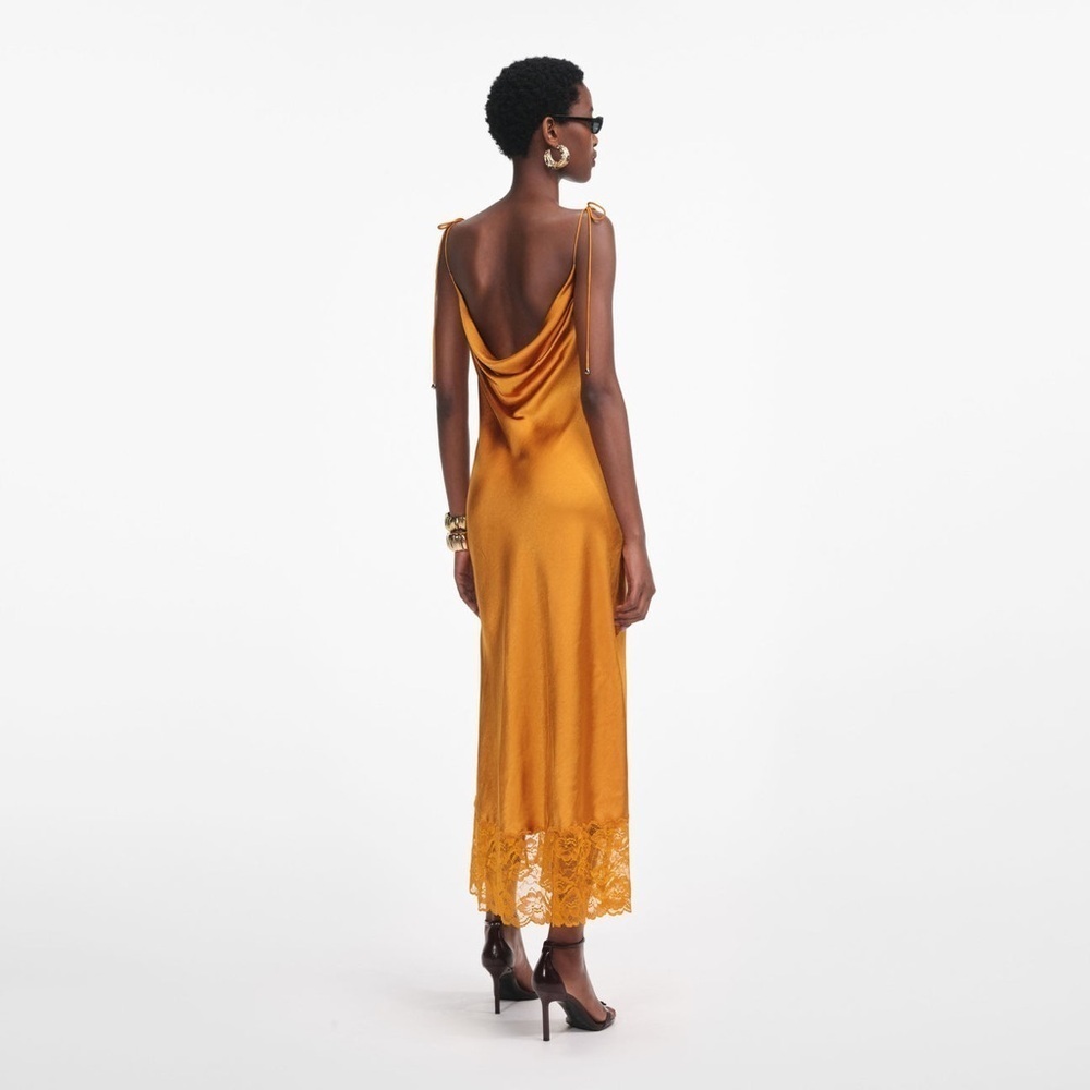 NEW Self-Portrait Burnt Orange Satin Midi Dress Lace | US 0 UK 4
